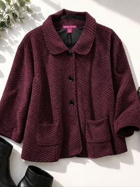Jessica London Burgundy Black Geometric Career Chic Knit Jacket Size 24 Plus